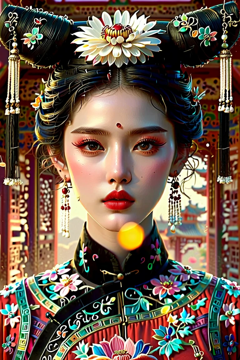  best quality，A Masterpiece ， Ultra high resolution ，（Bright：1.4）， original photo，，illustration，1 Girl，（Solo Exhibitions：1.2），（Cowboy [lens：1.2），（hair crown：1.2）， Dunhuang Traditional Costume, China，strapless，（red eyeliner：1.2），（black eyes：1.4），[earrings， dynamic angle，opera，[    "confusion_Long-term_hair，ink， Movie Light ，[lens_Flare，[velvet，chrysanthemum，tassel，ribbon， color embroidery ， upper body，facing the [lens，dynamic pose，Large target， embroidered cloth shoes 