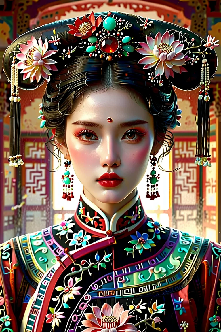  best quality，A Masterpiece ， Ultra high resolution ，（Bright：1.4）， original photo，，illustration，1 Girl，（Solo Exhibitions：1.2），（Cowboy [lens：1.2），（hair crown：1.2）， Dunhuang Traditional Costume, China，strapless，（red eyeliner：1.2），（black eyes：1.4），[earrings， dynamic angle，opera，[    "confusion_Long-term_hair，ink， Movie Light ，[lens_Flare，[velvet，chrysanthemum，tassel，ribbon， color embroidery ， upper body，facing the [lens，dynamic pose，Large target， embroidered cloth shoes 