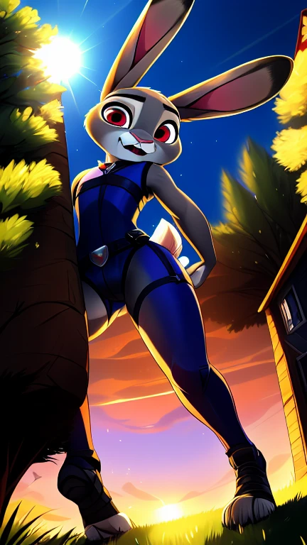  Create an illustration where Judy Hopps  (sexy:1,3),  foge de um predator (predator: 1,3),, a scared and fearful rabbit , sendo perseguida por um predator grande e musculoso (predator grande e musculoso:1,3), with bright red eyes. O predator deve ter uma postura ereta e agressiva dentes proeminentes presas grandes,  as Judy Hopps runs in a panic ,  with eyes full of fear .  The atmosphere must be tense and frightening ."