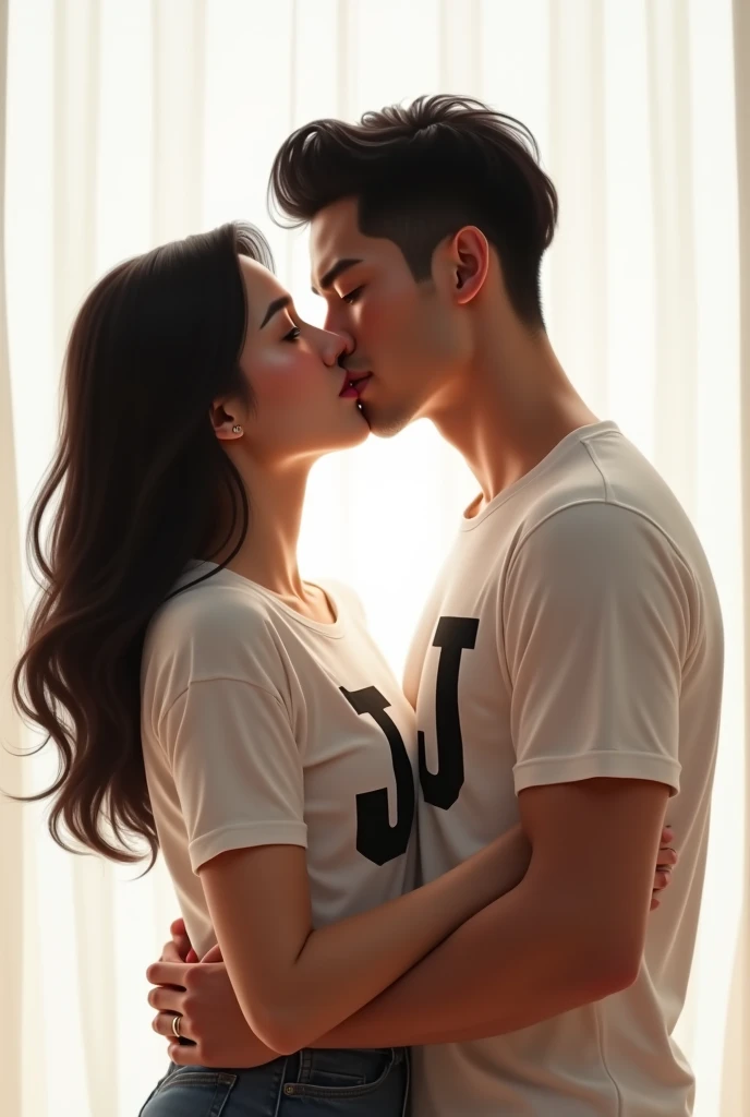 Amazing portrait of a sexy and woman wearing a black and white striped t shirt and a dark green skirt kissing and making out passionately with a shirtless boy on the bed in an intimate setting