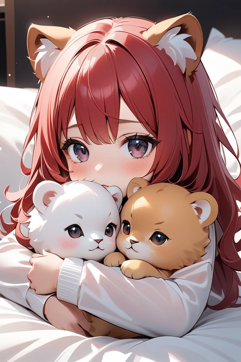  best quality, masterpiece,  Kyrie light mash, Alone,  one girl,  dark eyes, White turtleneck shirt, (Chibi: 0.6),  Bright Red Hair , cute, I'm holding a cute baby lion、In a fluffy bed、