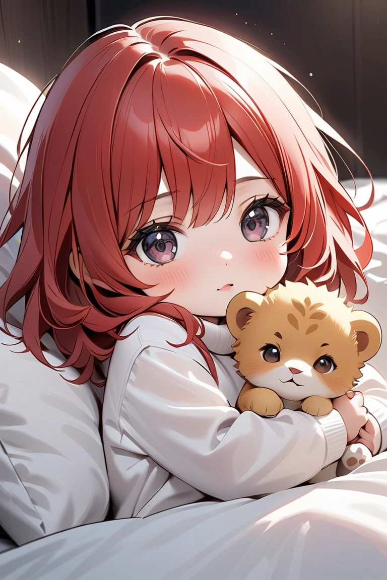  best quality, masterpiece,  Kyrie light mash, Alone,  one girl,  dark eyes, White turtleneck shirt, (Chibi: 0.6),  Bright Red Hair , cute, I'm holding a cute baby lion、In a fluffy bed、