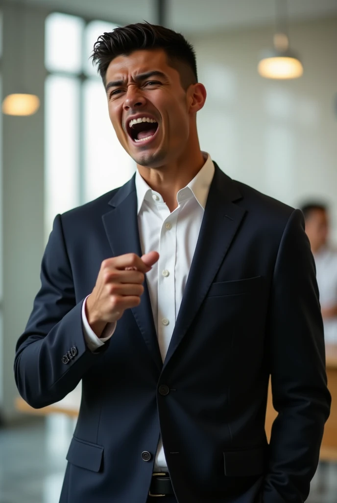 Japanese man resembling Ronaldo with a small head, in a suit looking angry and shouting at the viewer. pointing at the viewer. in a boardroom.