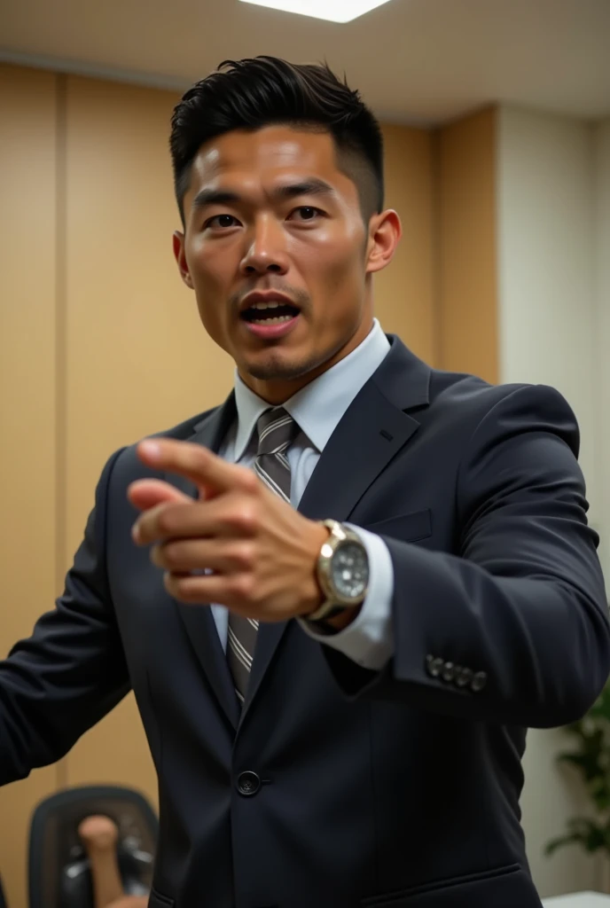 Japanese man resembling Ronaldo with a small head, in a suit looking angry and shouting at the viewer. pointing at the viewer. in a boardroom.