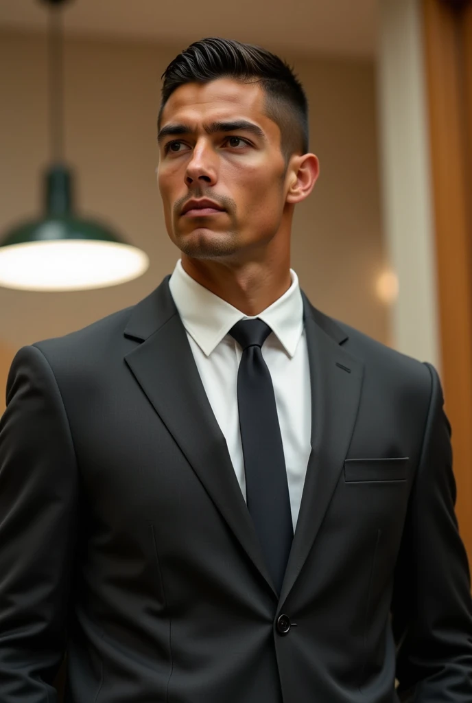 Japanese man resembling Ronaldo with a small head, in a suit with a stern expression in a boardroom.