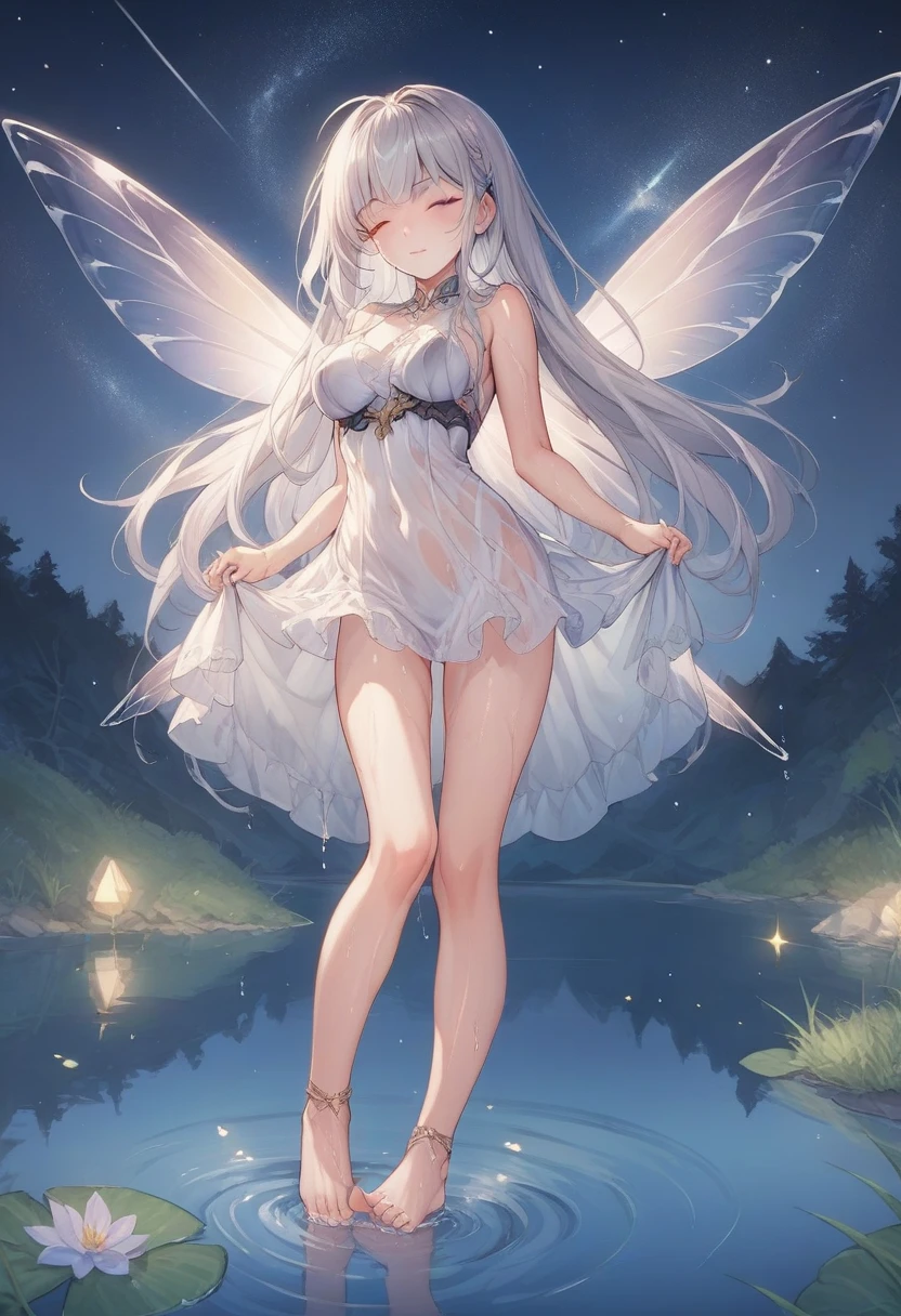 score_9, score_8_up, score_7_up, score_6_up, score_5_up, 
score_4_up,evaluation_explicit,source_anime,
BREAK
Silver-haired woman, long hair, eyes closed, dragonfly wings growing from her back
BREAK
White sheer dress、Her clothes are wet and transparent, and she's not wearing any underwear
BREAK
憂いのある表情
BREAK
Lake at night, moonlight, starry sky, standing on the lake, ripples spreading under your feet