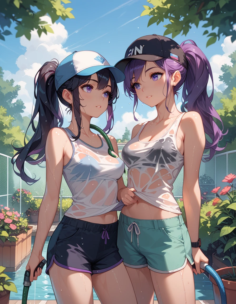 two girls, 1 sexy girl with long purple hair, cap, ponytail, shorts, tank top, medium breasts, 1 girl long black hair, waters a garden with a hose, wet t-shirt, hose in hands
