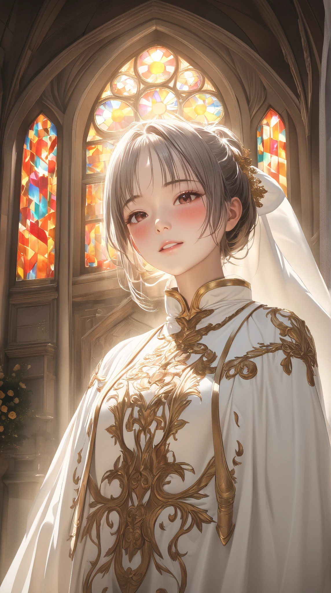 Girl Looking Sideways、Landscape、An ennui look、Blurry overall、pale colors、A mysterious space、big flower hair ornament、white flower hair ornament、beige hair、cute face、small breasts、medieval white shirt、Increased depth of field、big collar、candle、candleの灯、Pale flame、lantern