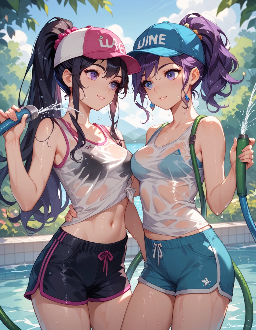 two girls, 1 sexy girl with long purple hair, cap, ponytail, shorts, tank top, medium breasts, 1 girl with long black hair, playing by getting wet with water with a hose, wet t-shirt, hose in hands , laughter, fun
