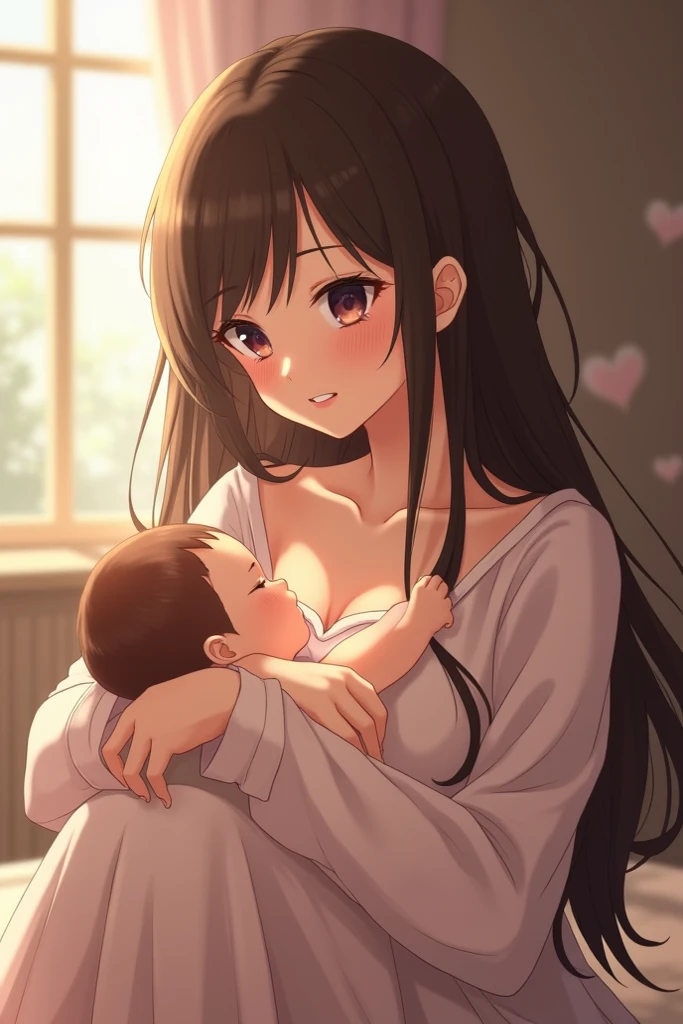 Milk comes out of the naked breast of a Japanese female anime character and is fed to a