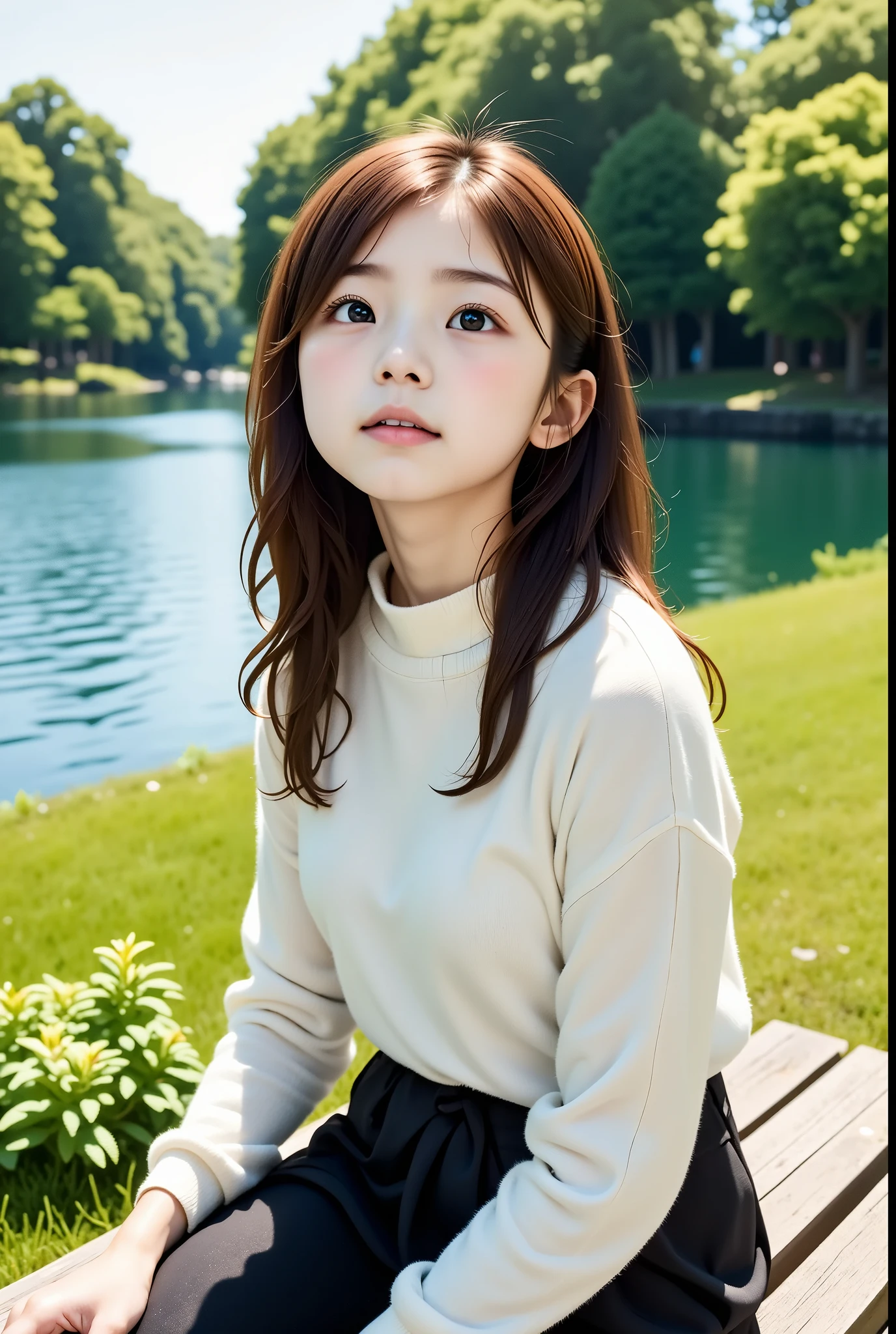 ((( sitting on a bench and looking up at the sky :1.37、girl sitting on the floor and looking up at the sky:1.2、Look at the sky:1.37)))、 one girl、 Extremely Delicate Face and Skin Textures、 white summer knitwear、 Black Long Skirt、Everyday Scenes、、Perfect harmony with nature 、 Relaxation 、((( riverside park 、 blue sky、Baiyun、Summer Day)))、Young people、、 Summer Vacation 、 best quality、masterpiece