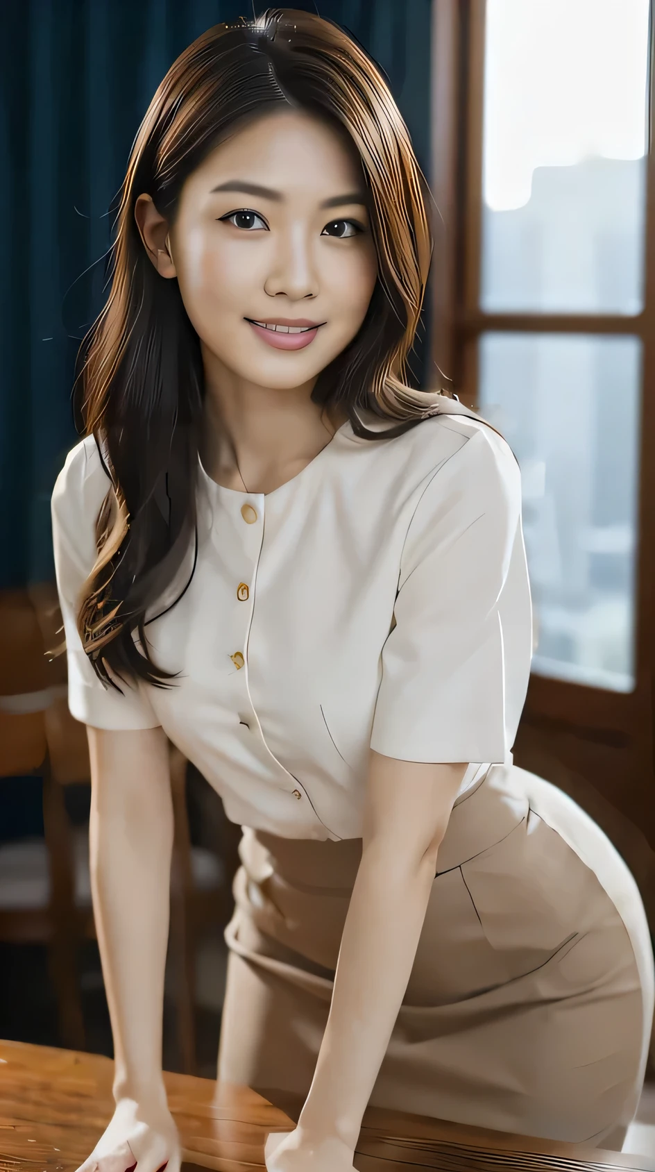 ((Highest quality, 8k, masterpiece: 1.3)), 1 girl, smile, whole body, Slim face, Beautiful woman, Medium dark brown hair, The upper body is a crisp white shirt, The top half is black straight suit pants, High heels, Highly detailed face, fine grain, double eyelid, Blurred Background, Slim face, Skyscraper, Westshot,((Loosely inward wavy hair:1.2)),((Gold Necklace_Big earrings:1.2)),((Extra Long Brown Hair:1.2))((White long sleeve button up blouse_With collar_Delete up to the second button_Brown pleated mini skirt:1.3)),((Looking down at the viewer,From below:1.5)),((Full figured supermodel standing, フレーム内のwhole body))((The skyscrapers outside the window look hazy:1.4)),