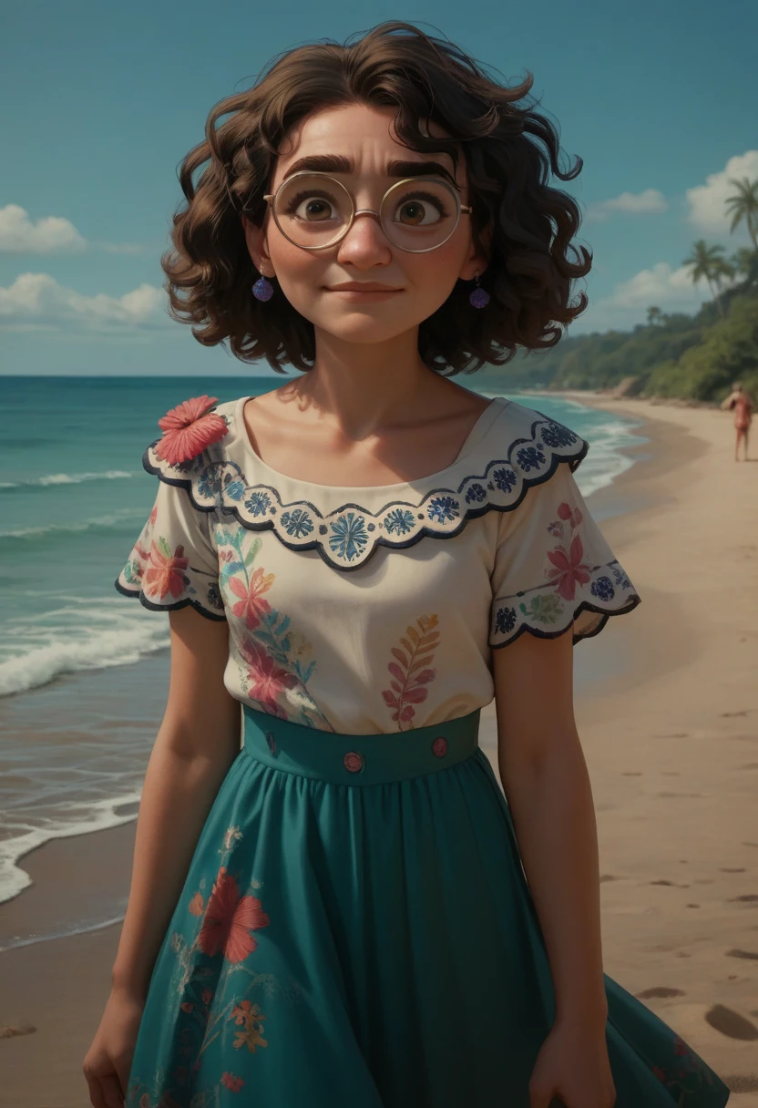 MirabelM, glasses 1girl, full summer dress curious smirk on beach