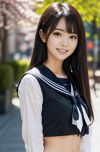  Closeup of a female portrait shoot,  The most beautiful Japanese models,   Female Model ,  4K、bangs、 Jet black hair、(  white shirt,     sailor school uniform  ,   dark blue pleated skirt  :1.2),　(  idol style super cute face :1.4),   upper body, Slim and beautiful figure  ,   sexy,   Beautiful breasts, smile,  The background is a beautiful park with autumn leaves , (  RAW photo,   best quality, masterpiece,    super detailed ,   ultra high resolution, Realistic), 