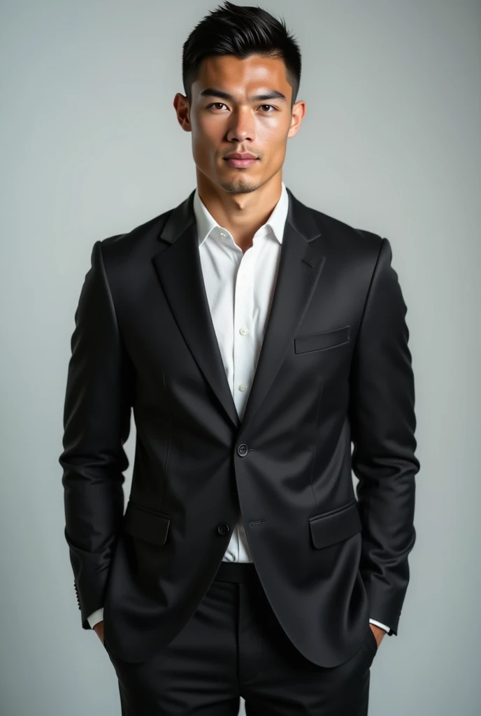 A sharp, professional-looking Japanese businessman resembling Ronaldo in a sleek black suit, standing upright, looking directly into the camera with a neutral or confident expression. Well-lit studio background, soft shadows, high-resolution focus on the face, symmetrical pose, no obstructions like glasses or hair covering the face, and minimal distractions in the background. Perfect for a face swap input.