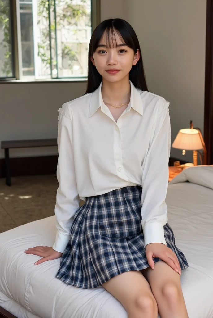 32K,  best quality, masterpiece, Realistic,  super detailed,    photos with wide cuffs on the wrist ,  high definition , Alone、 (barefoot、 white blouse 、 blue plaid pleated skirt)、( legs:1.3)、((The upper body is wearing a uniform))、((((( Looking at Camera )))))、(((whole body)))、((( thigh)))、bedroom、 on the bed、 is sitting、(( focuses on crotch)), real texture skin,
 nudes,