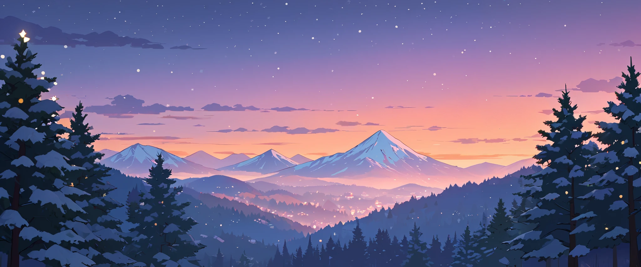 Christmas vibes ultrawide ,cozy ,lofi ,landscape ,forest ,mountain