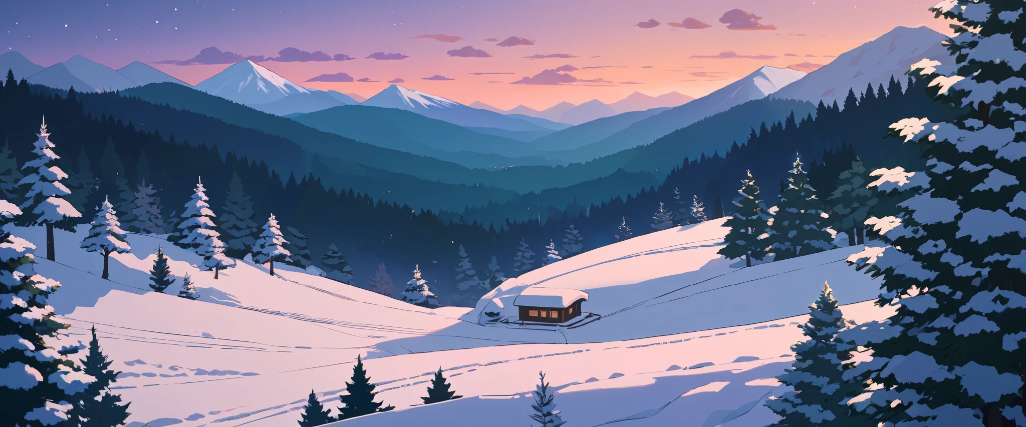 Christmas vibes ultrawide ,cozy ,lofi ,landscape ,forest ,mountain