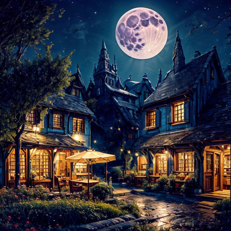 Night Scenery ( big blue moon )、Big Moon、 moonlight、 soft light 、Cafe under the Moon