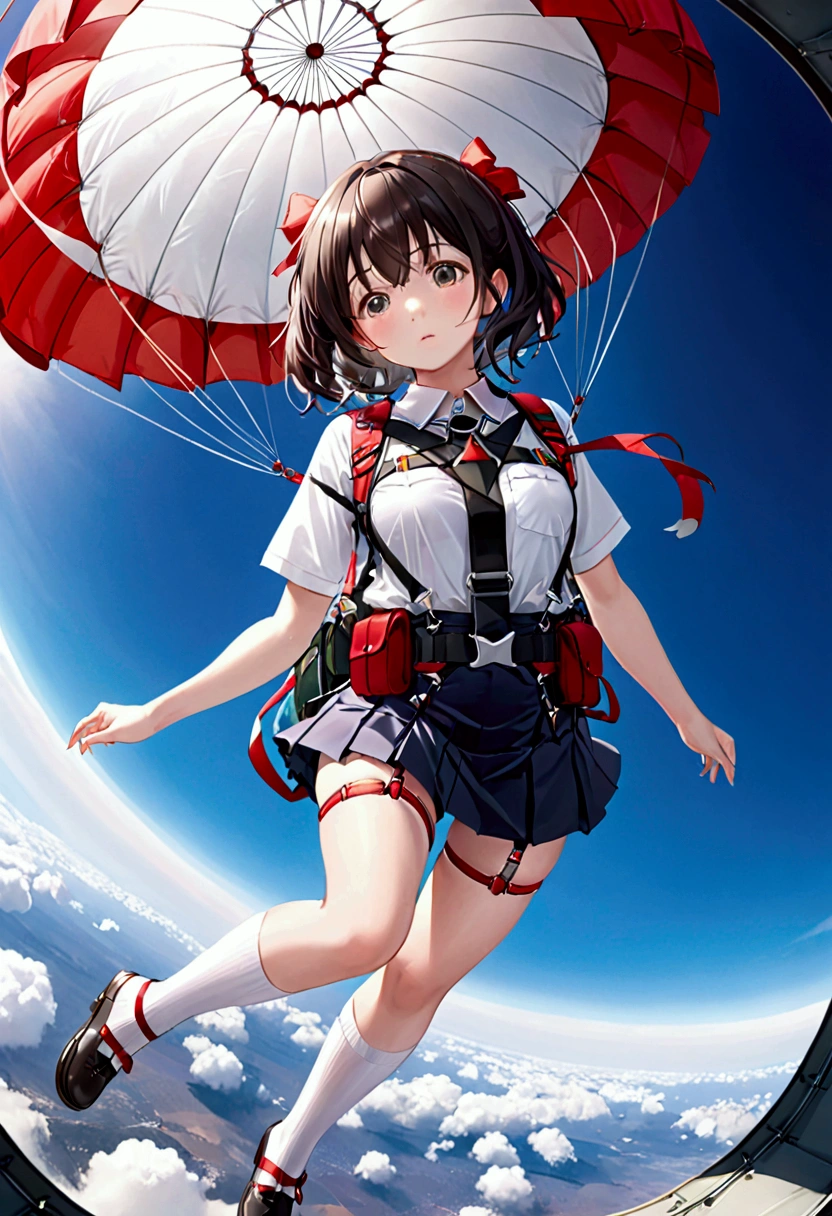 (masterpiece), best quality, ragdoll body of Japanese cute girl hang on the parachute harness straps that attach to canopy of the opened Parachute, realistic parachute harness straps, rounded parachute, wear Japanese student uniform girl short skirt wear underwear, floating in Stratosphere, wear high white socks, wearing realistic groin parachute straps, Hentai, unconscious mood, cum