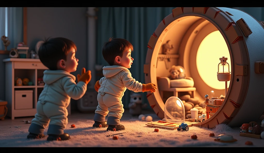 disney-pixar style, s room, two boys playing moon base, visible moon base made of chairs and furniture and blankets, toys serve as tools for building the base, boys dressed in long pajamas, rubber gloves, winter boots, plastic transparent bucket pretends to be a cosmonaut helmet, dark room lit by a lamp hidden in the base under blankets, midjourneyv6.1