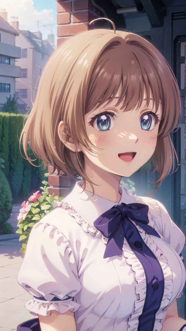 masterpiece,  best quality,  high definition ,  one girl,  detailed face , ,  anime CG style, medium breast, ( 1 girl:d-up), Good lighting,  perfect body, Kinomoto Sakura,  glossy lips, city, garden,  smiles lightly, Idol Dress