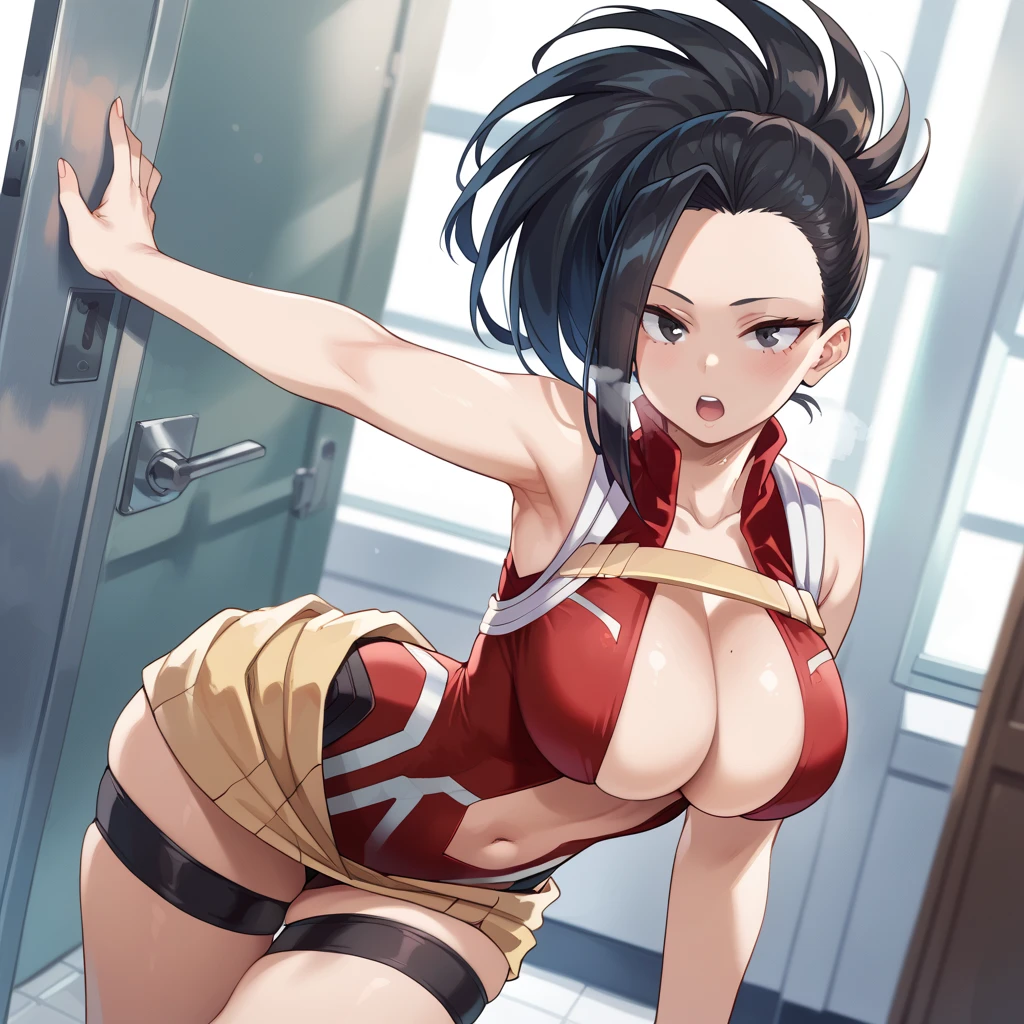 (side angle), slim body, tall, yaoyorozumomo, black eyes, black hair, ponytail, long hair, hair pulled back, center opening, cleavage, red leotard, hero outfit, slender body, tiny waist big . sexy body, sexy figure, slim thighs, sexy, tiny waist, desireable, tempting, lust fat, chubby, obese, gigantic arms and legs, large breasts open mouth, out of breath
