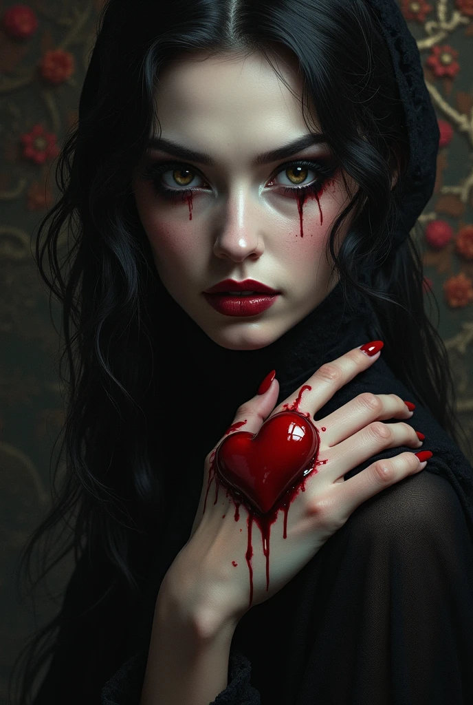 (((One bbw brunette woman))) broken heart, devastated, (eden, The background is profusion of bloody roses) (8K HDR 0.8) (Cinematic lighting 0.9) (Ultra-detailed and complex elements 0.7)(Broken glass effect 1.2) (lightening background 1.1) (Os tons vibrantes de vermelho, red, and Ebony 1.1) (crying Emotions 1.2)(Broken Glass Memories 1.2) (Blood-dripping rose thorn 1.2),glass, shattered hearts, teardrops, blood falling from eyes, covered in bloody face, bloody hair, valentines dress