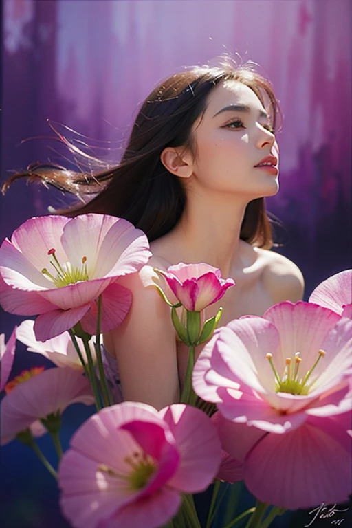 1girl,flower, Lisianthus ,in the style of light pink and light azure, dreamy and romantic compositions, pale pink, ethereal foliage, playful arrangements,fantasy, high contrast, ink strokes, explosions, over exposure, purple and red tone impression , abstract, ((watercolor painting by John Berkey and Jeremy Mann )) brush strokes, negative space,