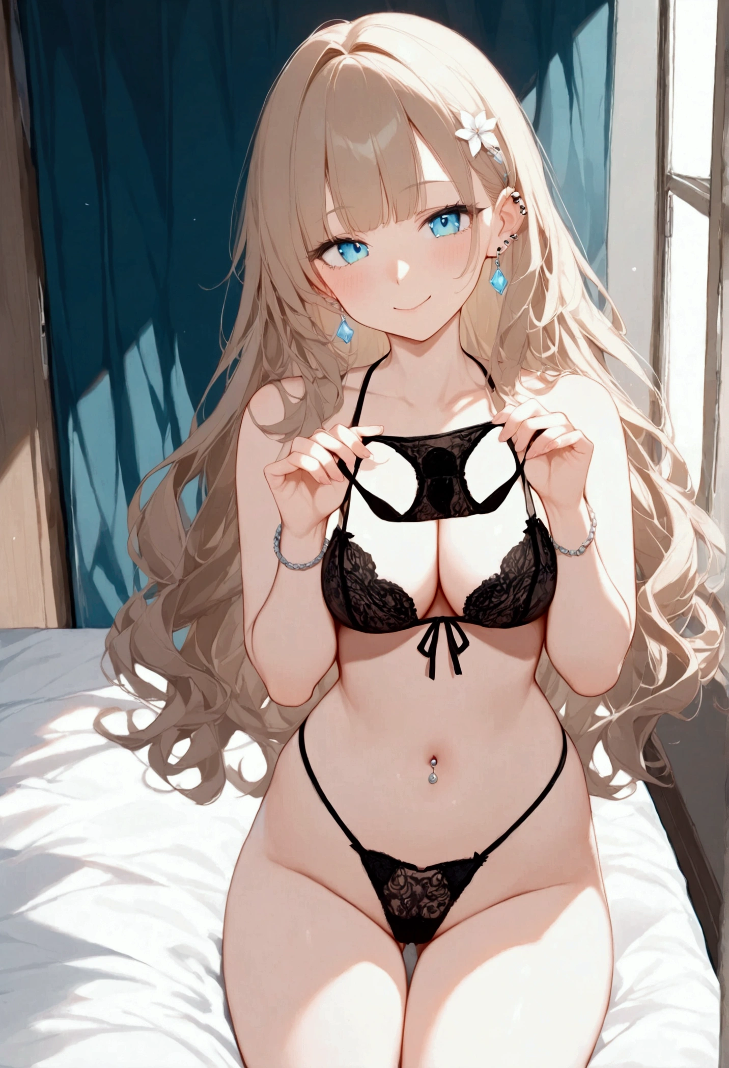 anime,(8K:1.5),(holding Black pantie,unworn pantie:1.5),erotic picture,Full length,nude, cute,1girl,big smile,front view,Dark blonde hair, long hair, wavy hair ends, eyeliner, mascara,looking at viewer,sexy,sexy girl,Ear piercing, navel piercing,silverpendant,Silver Bracelet, sexy panties