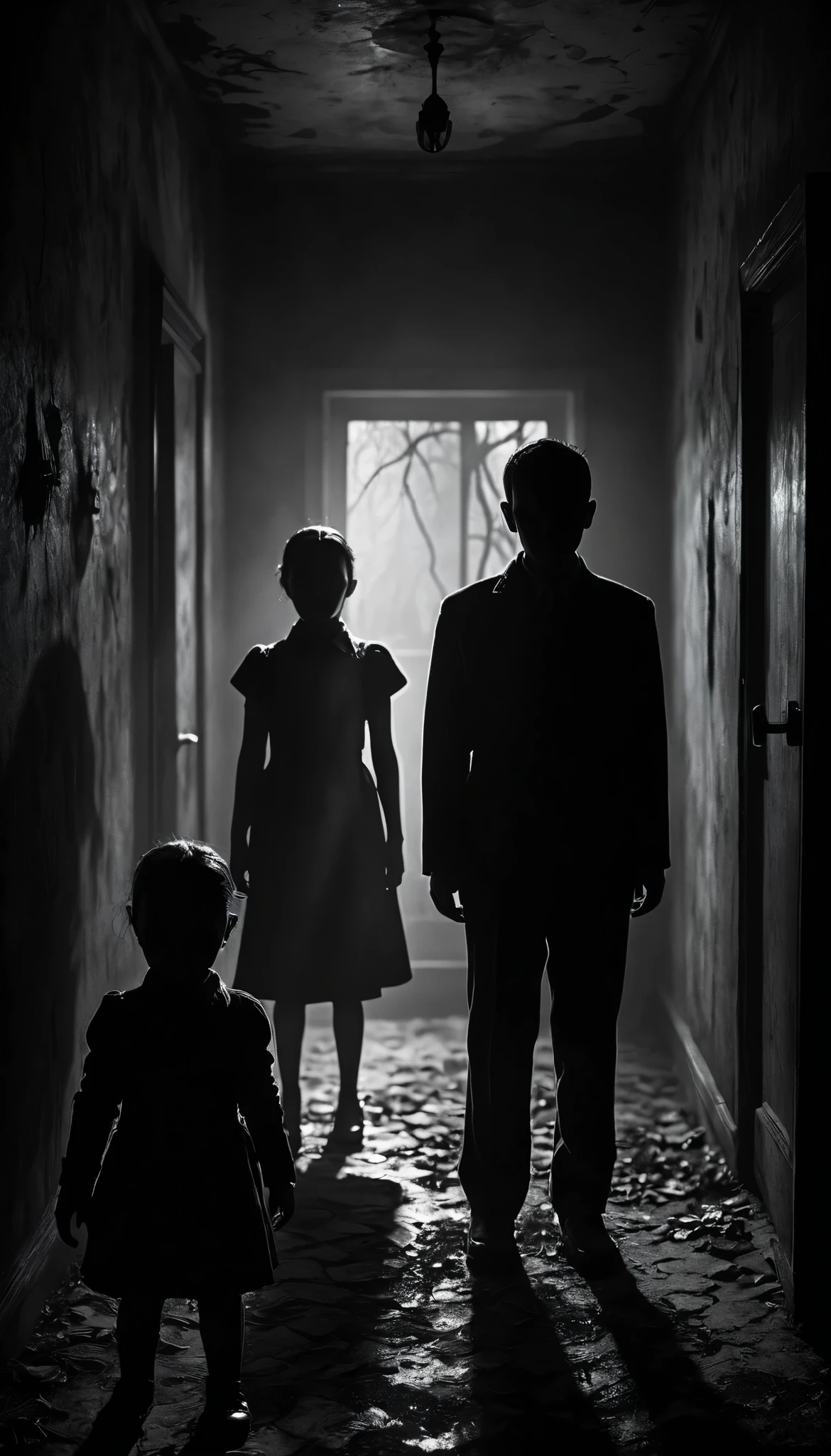 Create a creepy and suspenseful image featuring small, frightened figures. Place these figures in a dark and eerie setting, with subtle shadows and a sense of foreboding. Ensure the figures appear frightened, conveying a sense of vulnerability and fear. Surround them with a mysterious atmosphere to enhance the suspense