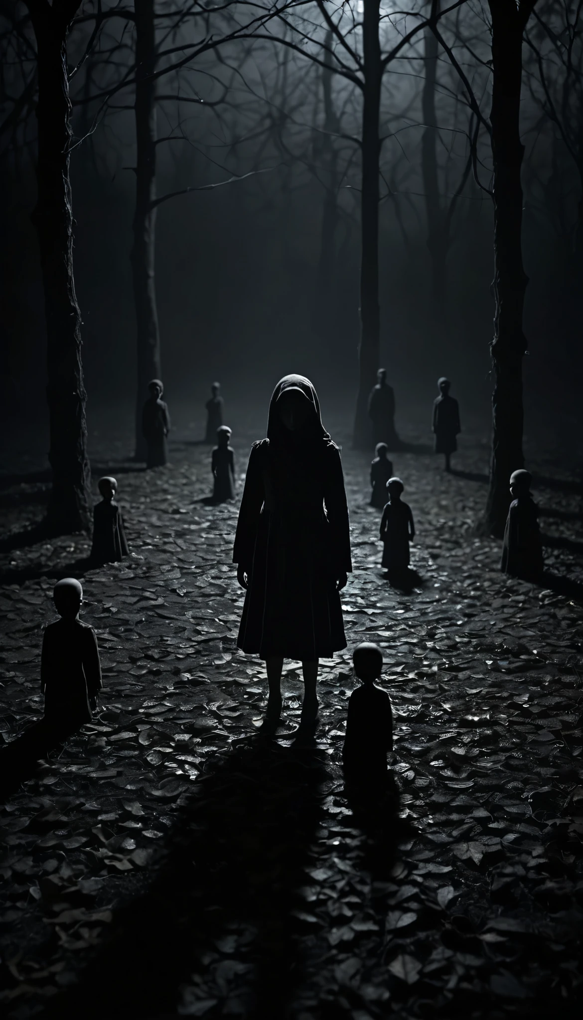 Create a creepy and suspenseful image featuring small, frightened figures. Place these figures in a dark and eerie setting, with subtle shadows and a sense of foreboding. Ensure the figures appear frightened, conveying a sense of vulnerability and fear. Surround them with a mysterious atmosphere to enhance the suspense