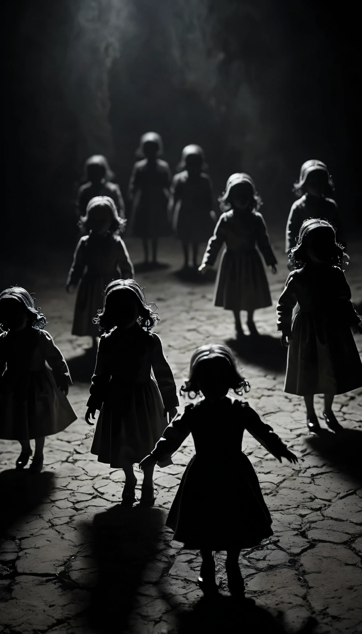 Create a creepy and suspenseful image featuring small, frightened figures. Place these figures in a dark and eerie setting, with subtle shadows and a sense of foreboding. Ensure the figures appear frightened, conveying a sense of vulnerability and fear. Surround them with a mysterious atmosphere to enhance the suspense