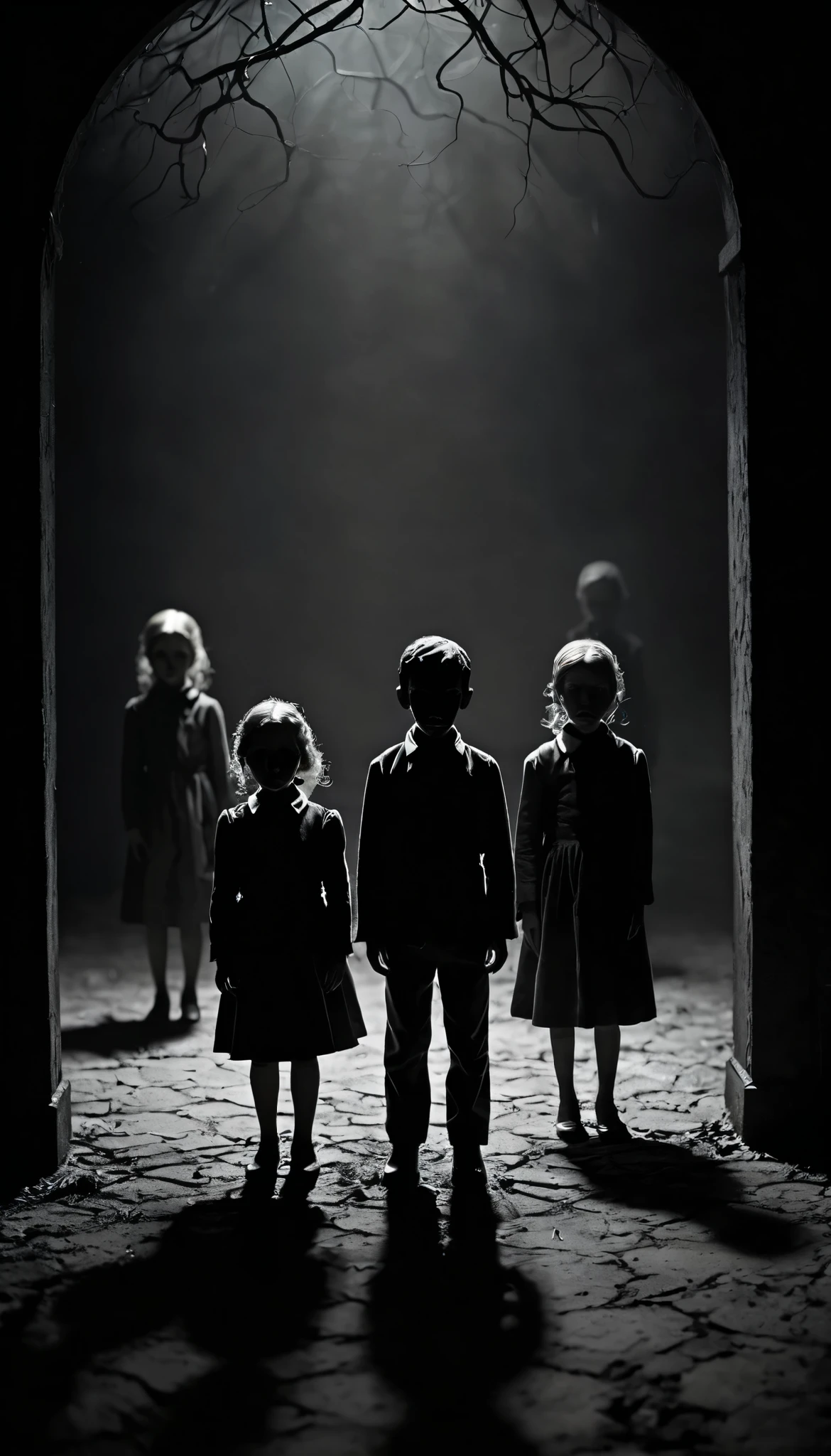 Create a creepy and suspenseful image featuring small, frightened figures. Place these figures in a dark and eerie setting, with subtle shadows and a sense of foreboding. Ensure the figures appear frightened, conveying a sense of vulnerability and fear. Surround them with a mysterious atmosphere to enhance the suspense