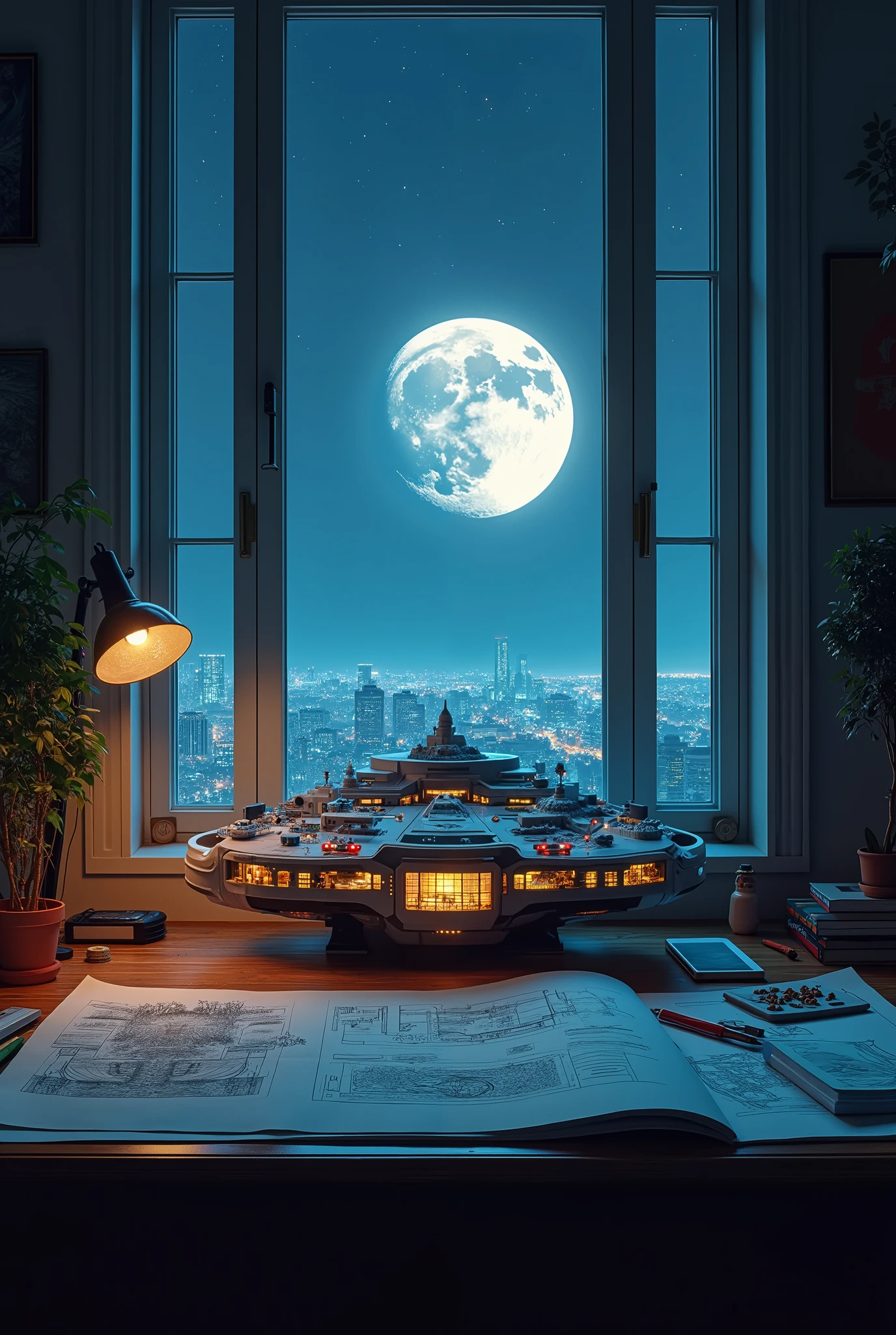 (masterpiece:1.2,Outstanding quality,Milonish, Cinematic Experience), best illustrations,8k,wallpaper,Moon base,(窓際の机の上にMoon baseの模型とスケッチブックに鉛筆で描かれたMoon baseの設計図が置かれている:2.0),(dynamic:2.0),(Architect's house:2.0),(Architect's houseの窓からnight空に浮かぶ月が見える:2.0),night