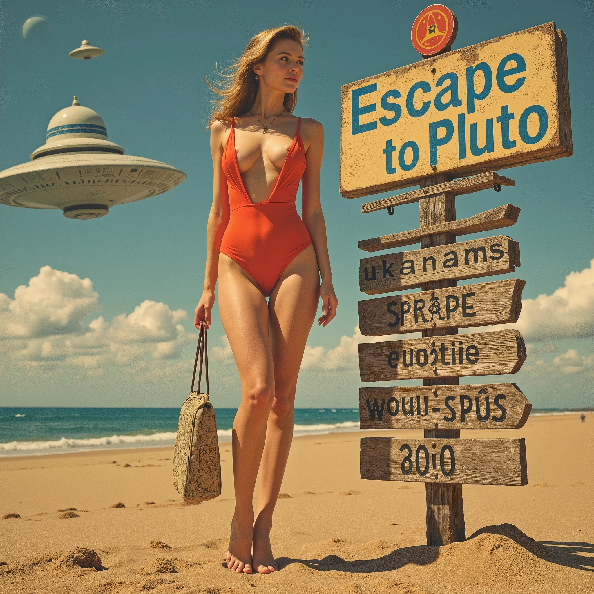 A painting of a woman in a bikini being abducted by a flying saucer on a beach,  5 0s Pulp SF Illustration, UFO kidnapping, Retro、Spooky sky、frank frazetta style