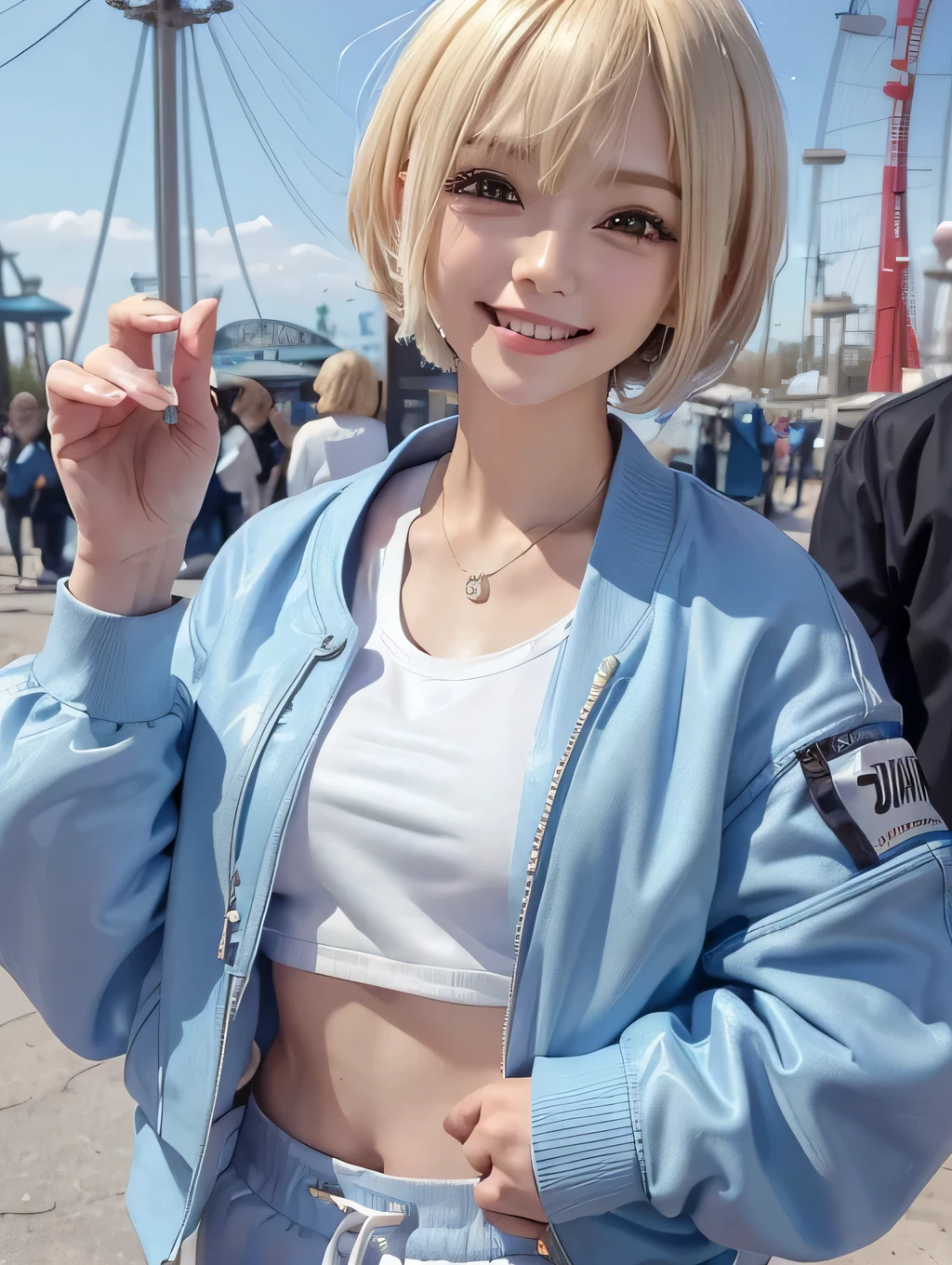 {masterpiece}, (1woman), (pov), (portrait), ((close up)), (from side), (standing), (look at viewer), (amusement park, in the crowd), 20years old, ((blonde hair, short hair)), (big smile), ((blue bomber jacket)), ((white sweat shirt)), ((blue jogger pants)), ((costume focus)), Korean
