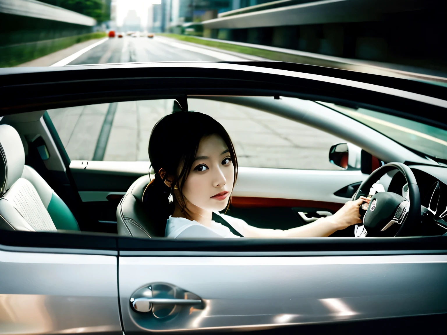 Metropolitan Expressway、A sports car that runs through the city、Drift、 create an image from an angle inside the car  , Show how a woman is pensive