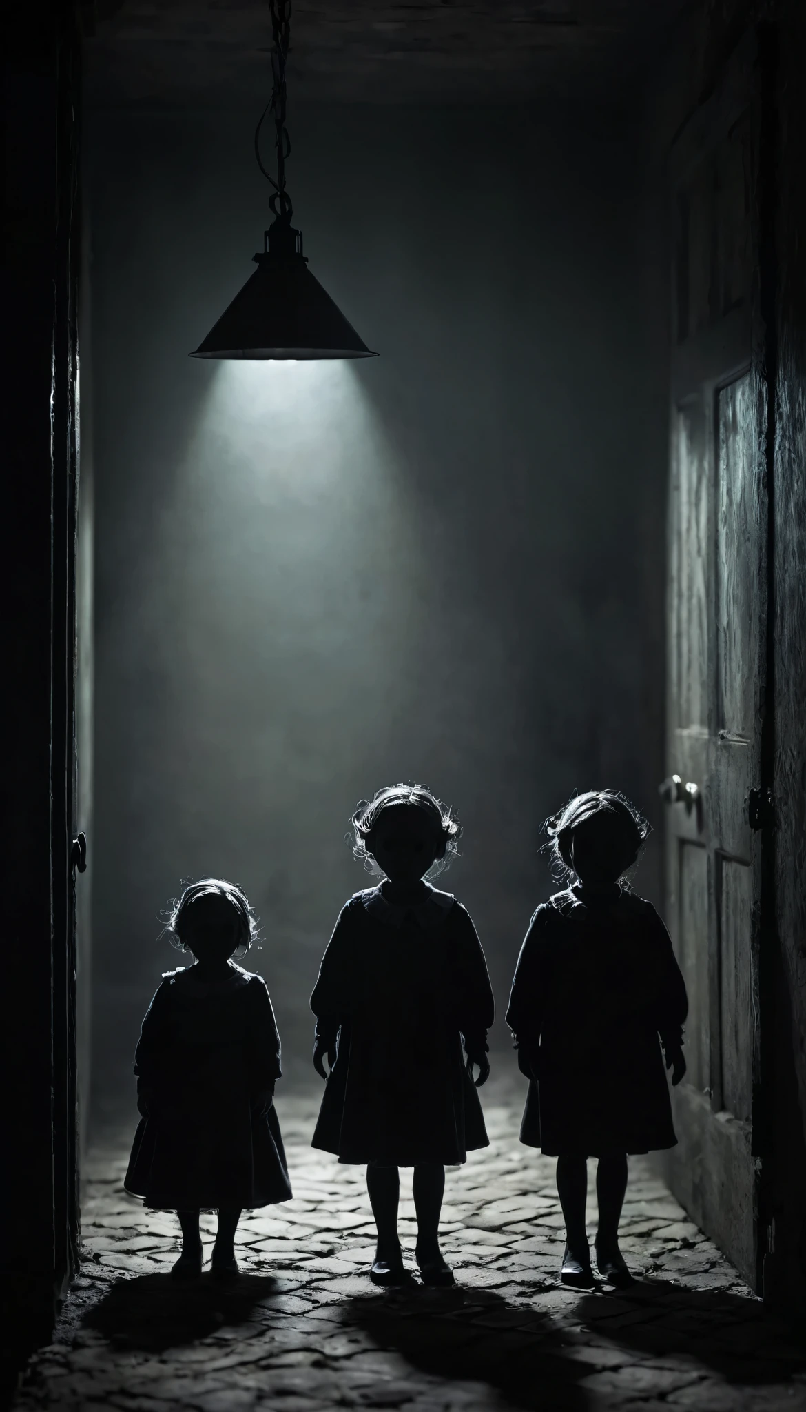 Create a creepy and suspenseful image featuring small, frightened figures. Place these figures in a dark and eerie setting, with subtle shadows and a sense of foreboding. Ensure the figures appear frightened, conveying a sense of vulnerability and fear. Surround them with a mysterious atmosphere to enhance the suspense