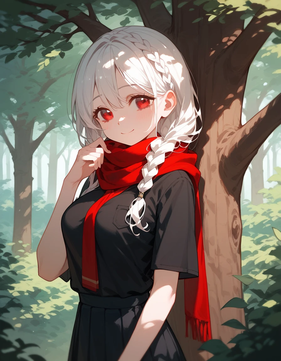 1 person,girl,White hair,Beautiful braided hair, in red eyes , black shirt,Wear a red scarf, medium breasts,smile,shy, wearing a black skirt,cute,Little one,Hiding Behind Trees ,Dark circles under the eyes,Quietly,cute