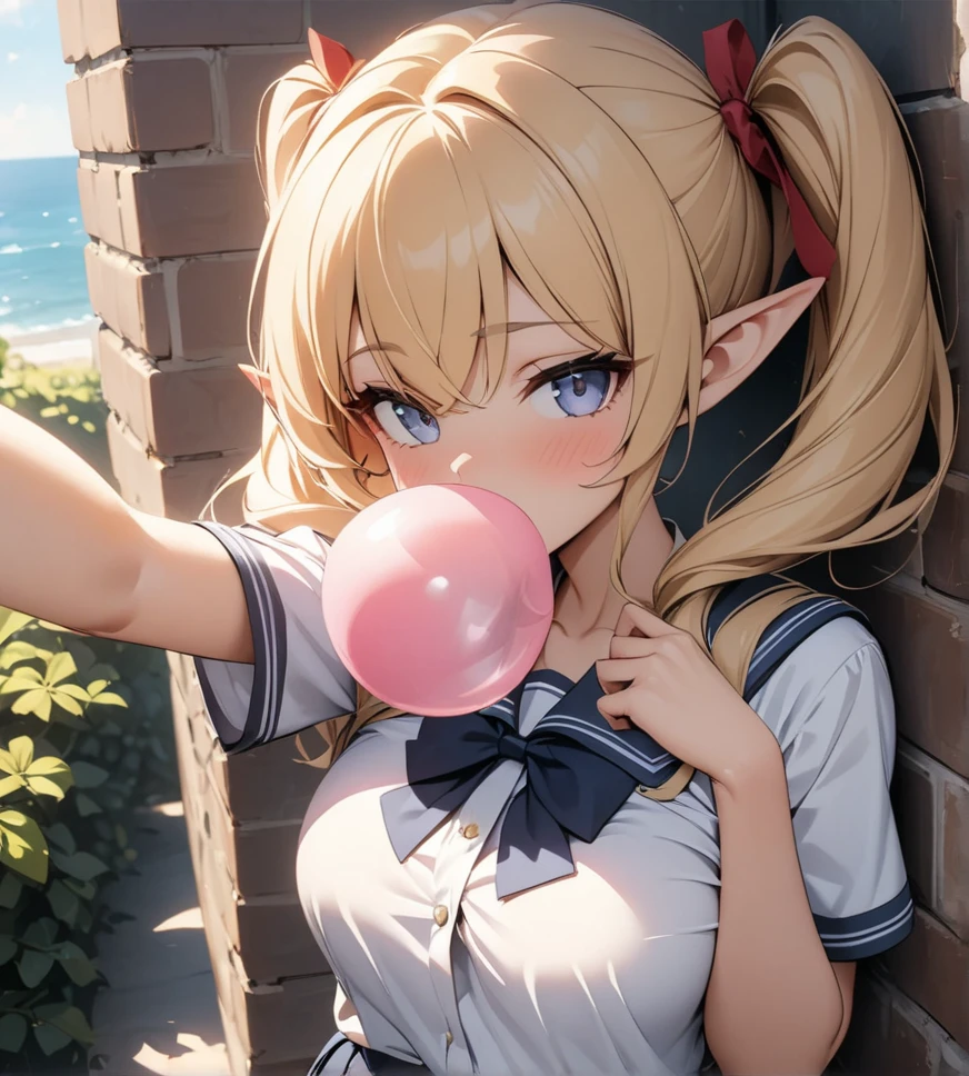 ((best quality)), ((masterpiece)), (detailed), green hair, twintails, backlighting, high quality, best quality, high details, Japanese school girl uniform, blowing up bubble gum, (taking a selfie with a smartphone), summer sunlight, sun, sunny weather, standing by a brick wall, elf, pointy ears, Leaning against a wall, ribbon, big ribbons at the knot of her twintails