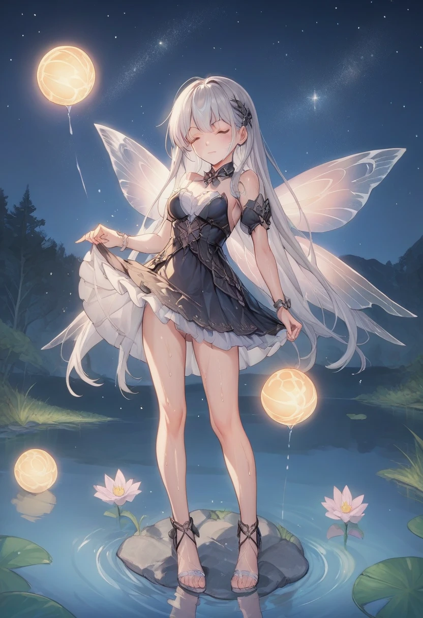 score_9, score_8_up, score_7_up, score_6_up, score_5_up, 
score_4_up,evaluation_explicit,source_anime,
BREAK
Silver-haired woman, long hair, eyes closed, dragonfly wings growing from her back
BREAK
White sheer dress、Her clothes are wet and transparent, and she's not wearing any underwear
BREAK
憂いのある表情
BREAK
Lake at night, moonlight, starry sky, standing on tiptoes on the lake, ripples at feet
BREAK
holding a glowing ball
BREAK
Lift up your skirt to show your lower body