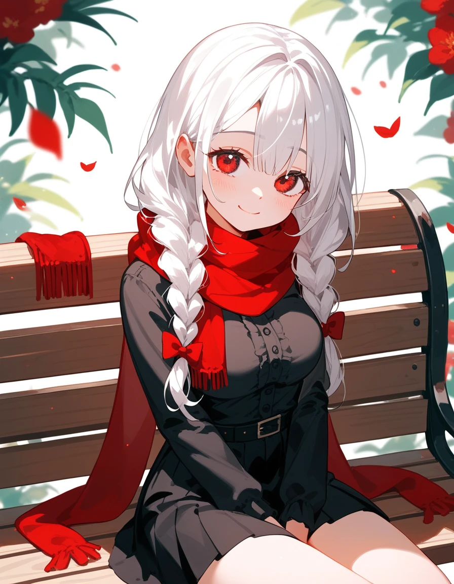 1 person,girl,White hair,Beautiful braided hair, in red eyes , black shirt,Wear a red scarf, medium breasts,smile,shy, wearing a black skirt,cute,Little one,Dark circles under the eyes,Quietly,cute,Sit on a bench,หน้าประทับใจshyหนัก