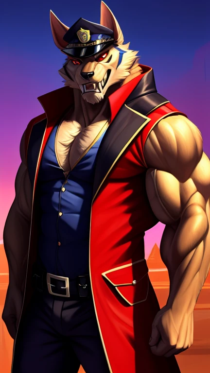  Define a large, muscular predator ,  with physical features inspired by a bodybuilder . Ele deve ter:
 Looking in front of the camera , he wears police clothing .
 - Muscular and defined body ,  with bulging muscles
- Bright red eyes ,  with an aggressive and fierce expression,  prominent teeth and large fangs . 
- Dark, lustrous coat ,  with a smooth texture
- Upright and confident posture ,  with shoulders back and chest forward

He must have an expression that conveys danger and aggressiveness,  as if ready to attack . He wears police clothes.