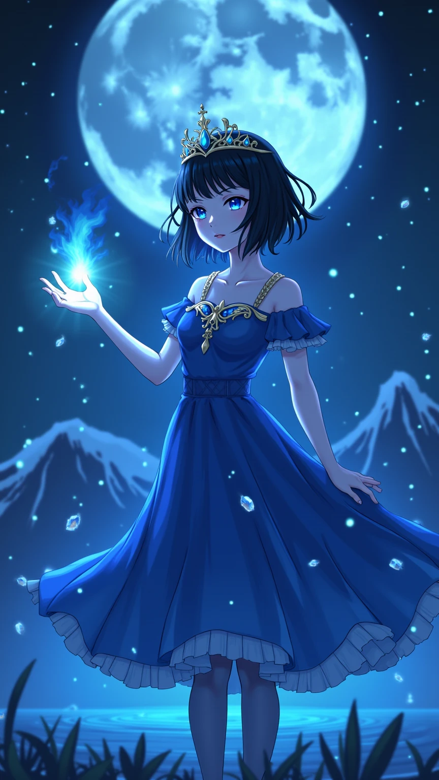 night, ((1 girl)), alone, masterpiece, 8k wallpaper, highres, absurdres, high quality background, short hair, black hair, multicolor hair, beautiful frozen village, (full bright moon), blue dress, detailed dress, jewelry dress, (magic:1.2), blue fire, blue eyes, glowing eyes, fire, ice goddess, (blue detailed beautiful crown), electricity, blue electricity, blue light particles