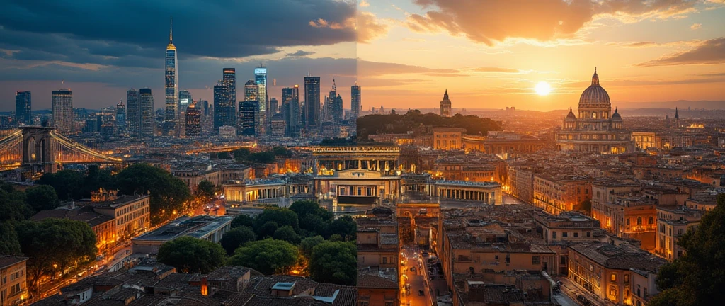  Two Skylines of completely different cities in comparison and in contrast, on the one hand, we have the night skyline of a beautiful New York in front of the Brooklyn Bridge and the glimpse of Manattan, on the other, a bright sunny day illuminates a charming Rome with its tiled roofs, the Colosseum, the imperial holes and in the background the Dome of St. Peter's Basilica. A highly professional and realistic cinematic photo with imax 16K film that compares sharp, detailed contrast, two completely different cityscapes, but both of an incomparable beauty  
