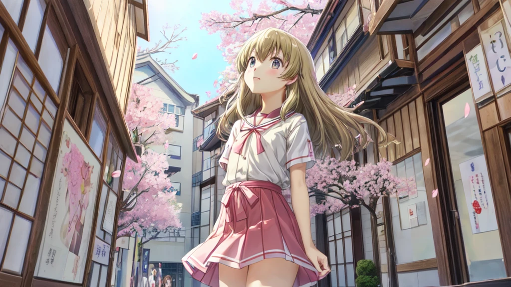  best quality, masterpiece,  high definition ,   Details,  digital illustration, YukihiraItsuka,  elementary school girl,  flat chested、  school uniform, Looking up at a tree, Long Hair, Cherry blossom petals, Japanese Street,, 子供綿  I can see my underwear  ,    I can see my underwear  , Feeling Face,、  I can see a translucent chemise 、 flip through the skirt, Low Angle