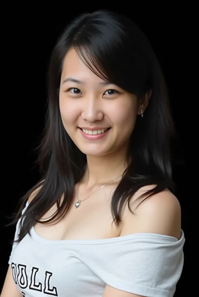 Pretty asian woman wearing white tight tshirt with big texts on chest : "KESAYANGAN KO IAN", black background, big breasts, closed mouth, light smile, upper body shot.