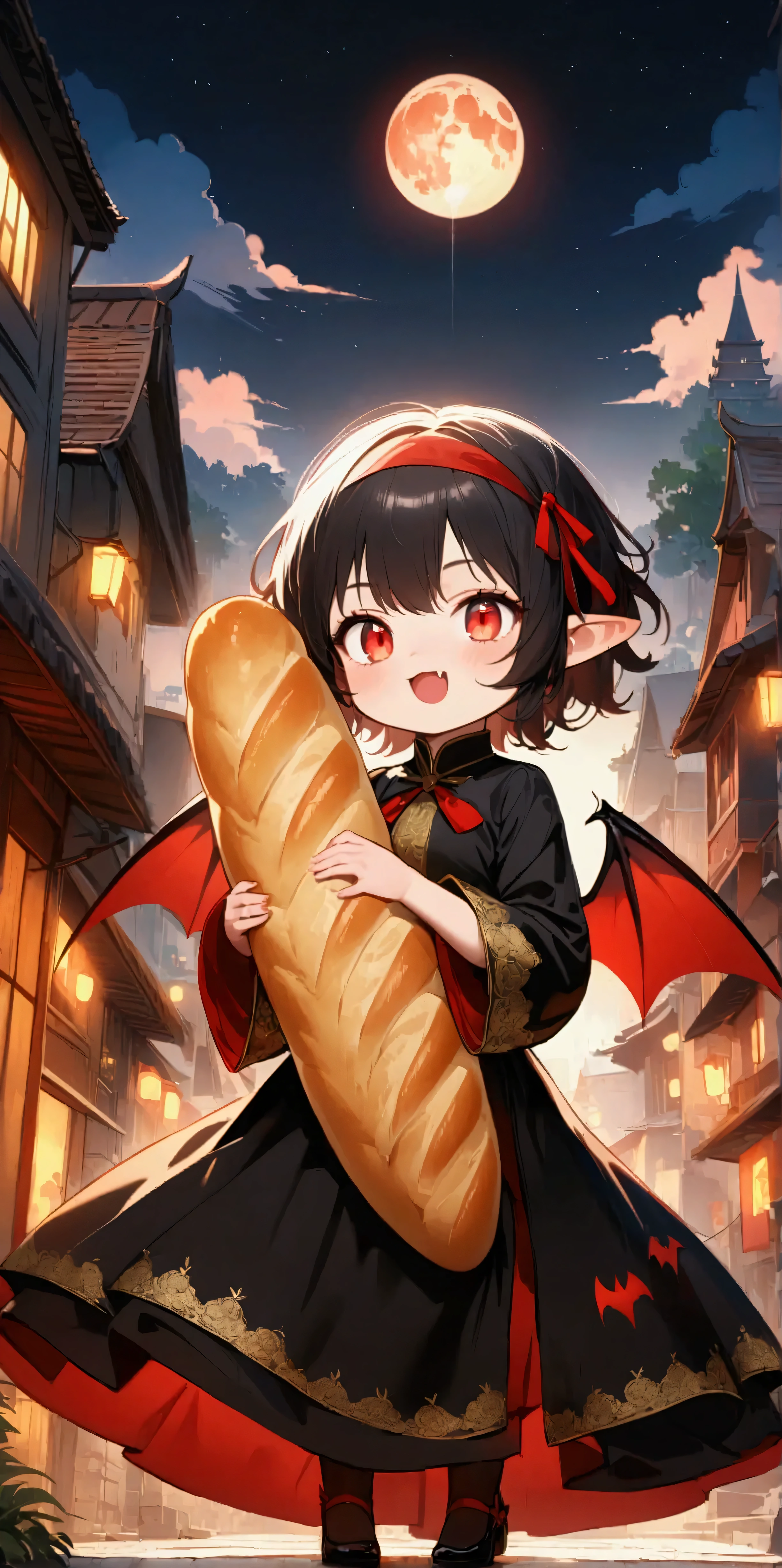 1girl\(vicomte,chibi,cute, vampire,vampire wings, red eyes,open mouth, sharp vampire fangs, black short hair, long elven ears, cute (((red ribbon))) headband, big evil smile, big eyes, black short robe\(with beautiful (gold embroidery)\), hugging beautiful big (baguette:1.3) \),cute pose,\),skyscraper\(Landmark 81,Vietnam\),the beautiful night view of Vietnam\). A dynamic perspective. BREAK .quality\(8k,wallpaper of extremely detailed CG unit, high resolution, top-quality, top-quality real texture skin, hyper realistic, increase the resolution, RAW photos, best quality, highly detailed, the wallpaper, golden ratio, high saturation realism, vibrant colors, dramatic lighting, persuasive storytelling, atmospheric scenery, captivating visuals, intricate details, strong emotions, dreamlike world\)