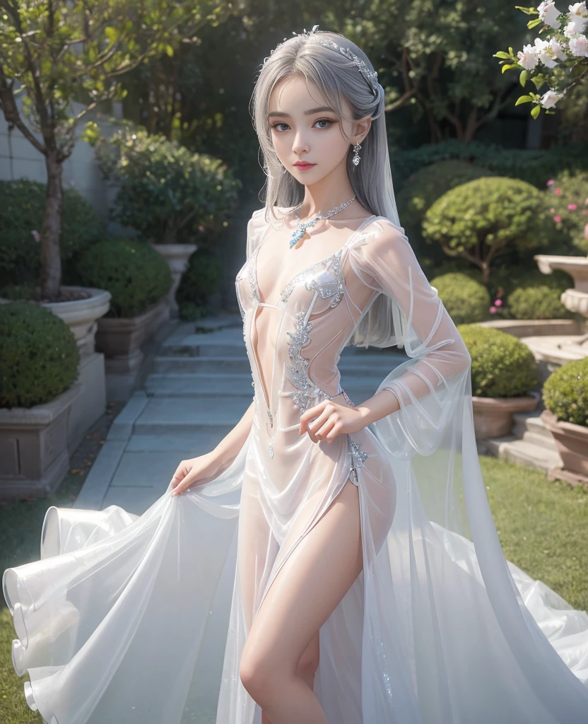 long dress,dress, Platinum blonde fine hair、silky straight hair、Big eyes with bangs and eyeliner、Nordic youth、perfect body figure、A plump chest、Chopping、Very beautiful and lovely、White muscle、Skin glows、Young and beautiful skin、Perfect and beautiful little face、Shiny makeup、Thin pink lip gloss expression、girl、lipsticks、Deceptive advertising、{steams}、Audience point of view、Primetime Lightokeh Atmosphere Perspective、Detailed film light、Complicated details、A high resolution、 Detailed features of the facial design、high detal、Clear focus、Smoothness、aesthetics、print、Octane renderer、{{tmasterpiece}}
